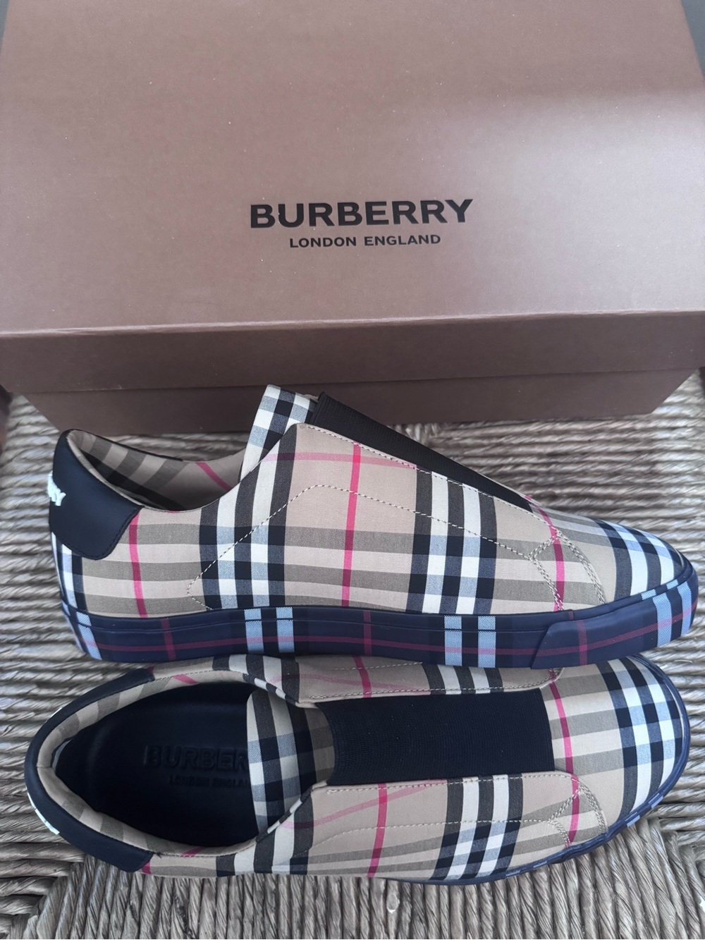 Burberry Beige Nova Check Slip-On Sneakers with Black & Pink Accents